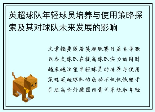 英超球队年轻球员培养与使用策略探索及其对球队未来发展的影响
