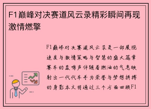 F1巅峰对决赛道风云录精彩瞬间再现激情燃擎