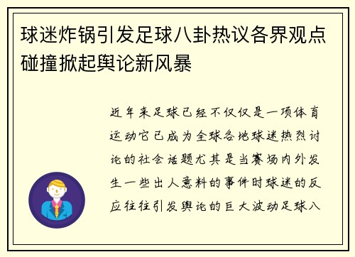 球迷炸锅引发足球八卦热议各界观点碰撞掀起舆论新风暴 球迷炸锅引发足球八卦热议各界观点碰撞掀起舆论新风暴
